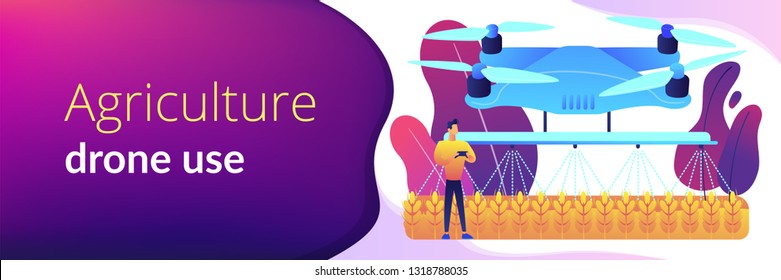 Smart farmer controlling agriculture drone spraying or watering crops. Agriculture drone use, precision farming, new agriculture trend concept. Header or footer banner template with copy space.