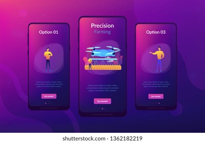 Smart Farmer Controlling Agriculture Drone Spraying Or Watering Crops. Agriculture Drone Use, Precision Farming, New Agriculture Trend Concept. Mobile UI UX GUI Template, App Interface Wireframe