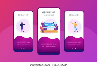 Smart Farmer Controlling Agriculture Drone Spraying Or Watering Crops. Agriculture Drone Use, Precision Farming, New Agriculture Trend Concept. Mobile UI UX GUI Template, App Interface Wireframe