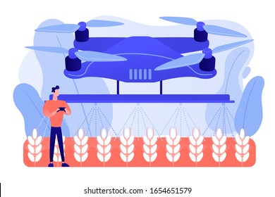 Smart farmer controlling agriculture drone spraying or watering crops. Agriculture drone use, precision farming, new agriculture trend concept. Pinkish coral bluevector isolated illustration