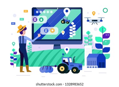 Smart farmer touch computer screen to monitor and control smart farm. future agriculture concept. Flat design elements. Vector illustration 