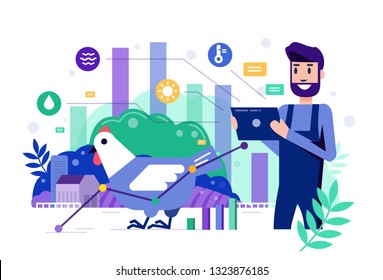 
Smart farmer using tablet to monitor and control chicken farm. Modern agriculture concept. Flat design elements. Vector illustration 