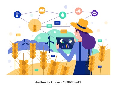 Smart farmer using tablet to monitor barley rice field. Modern agriculture concept. Flat design elements. Vector illustration 