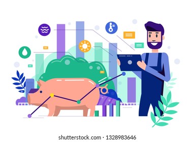 Smart farmer using tablet to monitor and control pig farm. Modern agriculture concept. Flat design elements. Vector illustration 