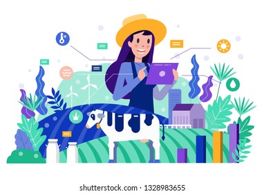 Smart farmer using tablet to monitor and control cow farm. Modern agriculture concept. Flat design elements. Vector illustration 