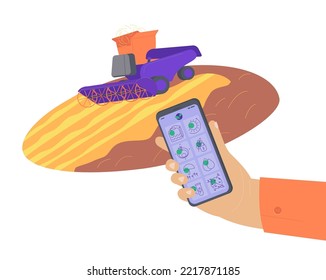 Smart Farming With Agricultural App Controlling The Process. Innovation Technology In Agriculture. Robots Assisting Farmers. High Tech Agro Company Background. Editable Isolated Vector Illustration