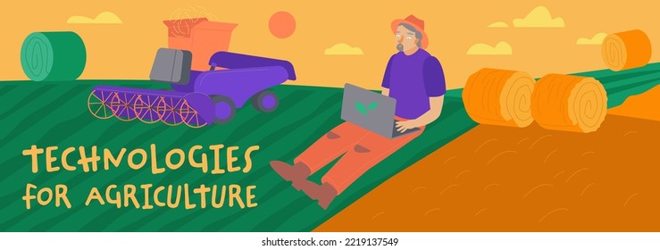 Smart Farming With Agricultural App Controlling The Process. Innovation Technology In Agriculture. Technik Assisting Farmers. High Tech Agro Company Background. Editable Isolated Vector Illustration