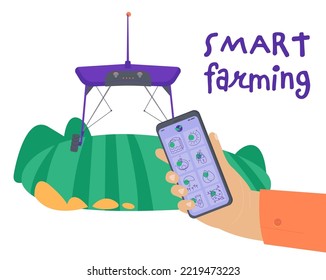 Smart Farming With Agricultural App Controlling The Process. Innovation Technology In Agriculture. Robots Assisting Farmers. High Tech Agro Company Background. Editable Isolated Vector Illustration