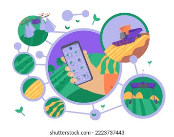 Smart Farming With Agricultural App Controlling The Process. Innovation Technology In Agriculture. Robots Assisting Farmers. High Tech Agro Company Background. Editable Isolated Vector Illustration