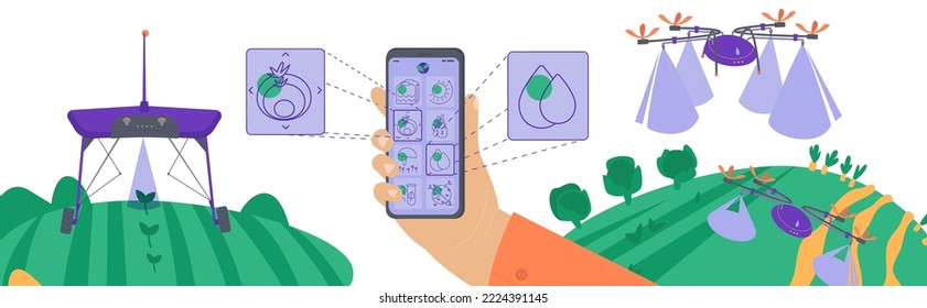 Smart Farming With Agricultural App Controlling The Process. Innovation Technology In Agriculture. Robots Assisting Farmers. High Tech Agro Company Background. Editable Isolated Vector Illustration