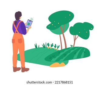 Smart Farming With Agricultural Application Controlling The Process. Innovation In Agriculture. Technology Assisting Farmers. High Tech Agro Company Background. Editable Isolated Vector Illustration