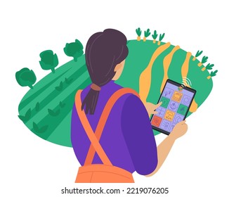 Smart farming with agricultural application controlling the process. Innovation in agriculture. Technology assisting farmers. High tech agro company background. Editable isolated vector illustration