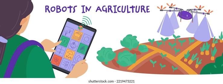 Smart farming with agricultural application controlling the process. Innovation in agriculture. Technology assisting farmers. High tech agro company background. Editable isolated vector illustration