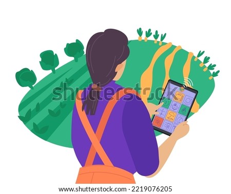 Smart farming with agricultural application controlling the process. Innovation in agriculture. Technology assisting farmers. High tech agro company background. Editable isolated vector illustration