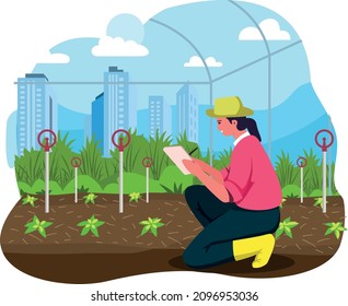 Smart Farming - Agricultural Data Collection. Illustration Vector Of A Character Collecting Data From The Smart Farming Agriculture 