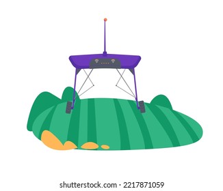 Smart Farming With Agricultural Robot Controlling The Process. Innovation Technology In Agriculture. Robots Assisting Farmers. High Tech Agro Company Background. Editable Isolated Vector Illustration