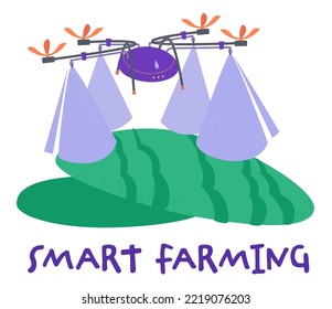 Smart Farming With Agricultural Robot Controlling The Process. Innovation Technology In Agriculture. Robots Assisting Farmers. High Tech Agro Company Background. Editable Isolated Vector Illustration