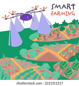 Smart Farming With Agricultural Robot Controlling The Process. Innovation Technology In Agriculture. Robots Assisting Farmers. High Tech Agro Company Background. Editable Isolated Vector Illustration