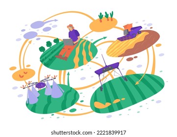 Smart Farming With Agricultural Robots Controlling The Process. Innovation Technology In Agriculture. Robot Assisting Farmers. High Tech Agro Company Background. Editable Isolated Vector Illustration