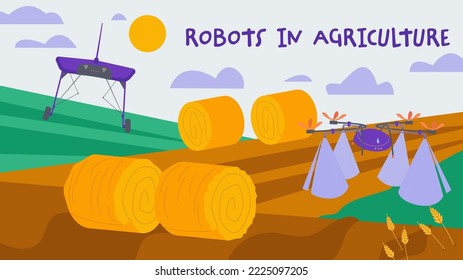 Smart Farming With Agricultural Robots Controlling The Process. Innovation Technology In Agriculture. Robot Assisting Farmers. High Tech Agro Company Background. Editable Isolated Vector Illustration