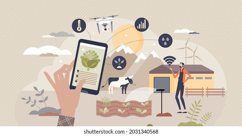 Smart farming and agriculture with drone tech control tiny person concept. Efficient futuristic plant or cattle care with wireless technology for humidity and temperature analysis vector illustration.