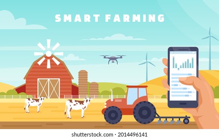 Smart farming agriculture technology, vartoon farmer hands holding mobile smartphone