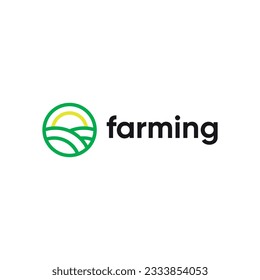 Smart Farming, Agro Green Logo Flat Design on White Background with Circle, Field and Sun. Trendy Style for Web, Banner, Poster. Nature.
