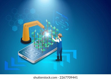 Smart farming. AI in agriculture. Farmer control robotic hand to provide nutrients for growing plants on smartphone. Smart agriculture farming technology. 3D vector.