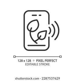 Smart farming app linear icon. Digital agriculture. Farm management. IoT application. Planting advice. Thin line illustration. Contour symbol. Vector outline drawing. Editable stroke