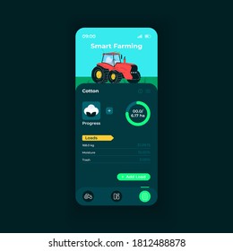 Smart farming app smartphone interface vector template. Mobile app page night mode design layout. Cotton loads details on screen. Flat UI for application. Crops productivity phone display