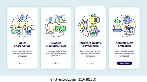 Smart farming benefits onboarding mobile app screen. Water conservation walkthrough 4 steps graphic instructions pages with linear concepts. UI, UX, GUI template. Myriad Pro-Bold, Regular fonts used