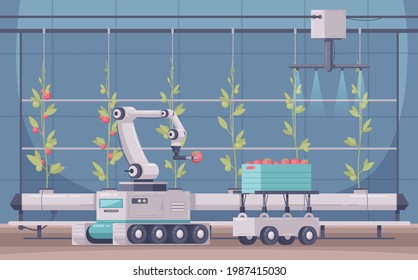 Smart farming cartoon composition with indoor view of hothouse with plants and automated machines gathering fruits vector illustration