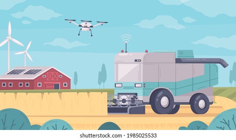 Smart farming cartoon composition with view of agricultural buildings and automated truck on field with quadcopter vector illustration