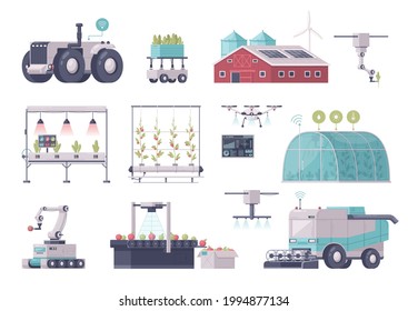 Smart farming cartoon set of isolated icons images of self operating trucks carts and growing appliances vector illustration