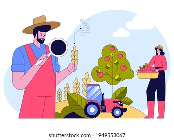 Smart farming concept. Farmer holds magnifier, research wheat plant. Woman picking apples at garden. Agricultural machinery works in field. Vector character illustration of innovation at agribusiness