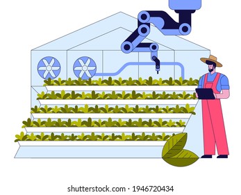 Concepto de agricultura inteligente. El agricultor administra la granja con tablet app, cultivando microvegetales en las estanterías. Mano robótica trabajando con plantas en invernadero. Ilustración vectorial de la innovación en la agroindustria