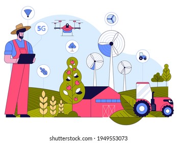 Smart farming concept. Farmer runs farm on tablet app, gathering data. Machinery works in field. Drones fly, wind turbines generate energy. Vector character illustration of innovation at agribusiness