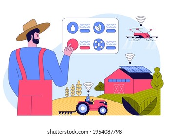 Smart farming concept. Farmer runs farm on data gathering panel. Agricultural machinery works in field. Drones fly, solar panels in barn. Vector character illustration of innovation at agribusiness