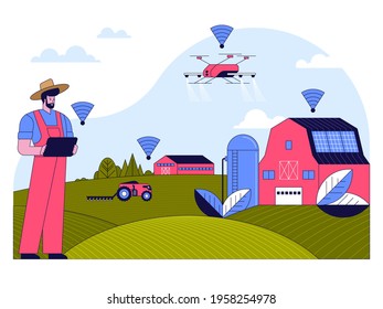 Smart farming concept. Farmer runs farm on tablet app using wireless tech. Machinery works in field, drone flying. Solar panels in barn. Vector character illustration of innovation at agribusiness