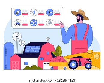 Smart farming concept. Farmers runs farm on data gathering panel. Apples harvest at garden. Agricultural machinery, generation green energy. Vector character illustration of innovation at agribusiness