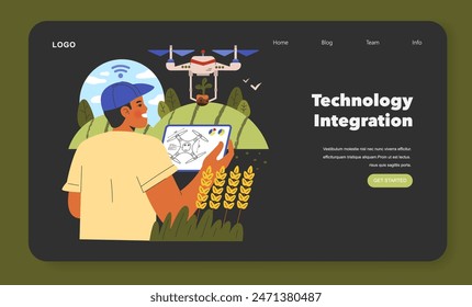 Smart farming concept illustration. A farmer uses a tablet to control a drone over the crops, showcasing modern agriculture. Vector illustration.