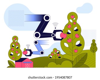 Smart farming concept. Robotic hand picking apples at garden. Automated system, managing farm with app, gardening fresh fruits. Vector character illustration of futuristic innovation at agribusiness