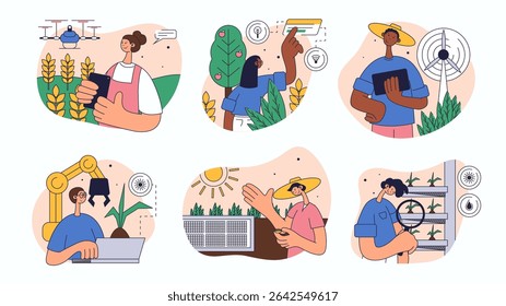 Conjunto de conceito de agricultura inteligente para design da Web. Coleção com pessoas monitorando campos por drone, trabalho de armas robóticas, cultivo em estufa, mais. Ilustração de vetor plano isolada em fundo branco.