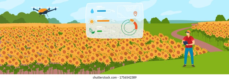 Ilustración vectorial de concepto de agricultura inteligente. Caricatura de un granjero plano usando robots agrícolas para verificar planta en campo agrícola y planear la cosecha, tecnología moderna de agricultura digital