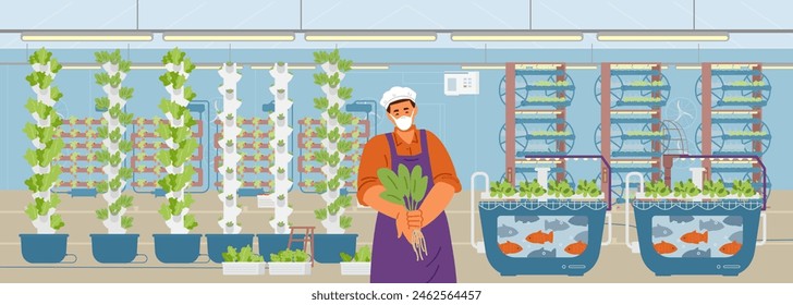 Smart farming concept with vertical agriculture and technology integration flat vector illustration. Farmer shows harvest in greenhouse.