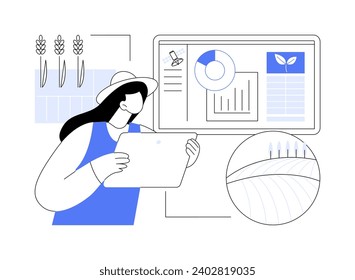 Smart farming dashboard abstract concept vector illustration. Farmer with tablet using smart dashboard, agriculture industry, managing agribusiness using technologies like IoT abstract metaphor.