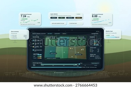 Smart farming dashboard interface with remote sensing crop map, yield forecast panels, and precision agriculture analytics