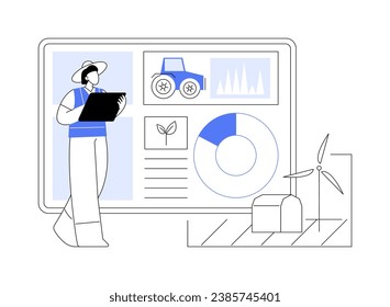 Tablero de cultivo inteligente ilustraciones de vectores de dibujos animados aislados. Agricultor con tableta usando tablero inteligente, industria agrícola, manejo agroindustrial usando tecnologías como dibujos animados vectores IoT.