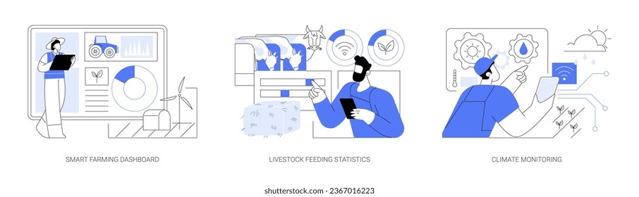 Análisis de datos de agricultura inteligente conjunto de ilustraciones de vectores de dibujos animados aislados. Tablero de cultivo inteligente, estadísticas de alimentación de ganado, monitoreo del clima con sensores, caricatura vectorial de tecnología IoT.