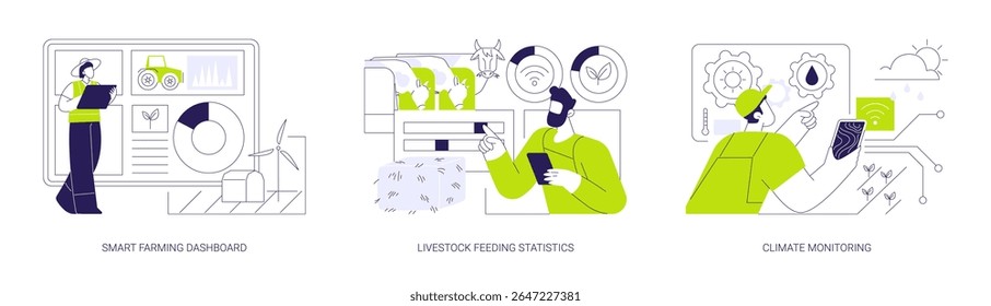 Análise de dados agrícolas inteligentes conjunto de ilustrações de vetor de desenhos animados isolados. Painel de agricultura inteligente, estatísticas de alimentação animal, monitoramento do clima com sensores, IoT tecnologia vetor cartoon.